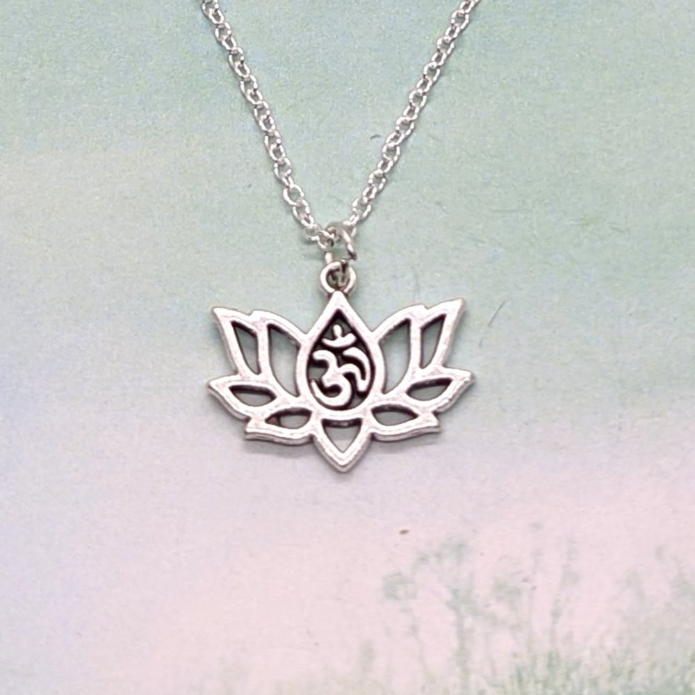 Dainty Buddhist Om Lotus Flower Silver Necklace